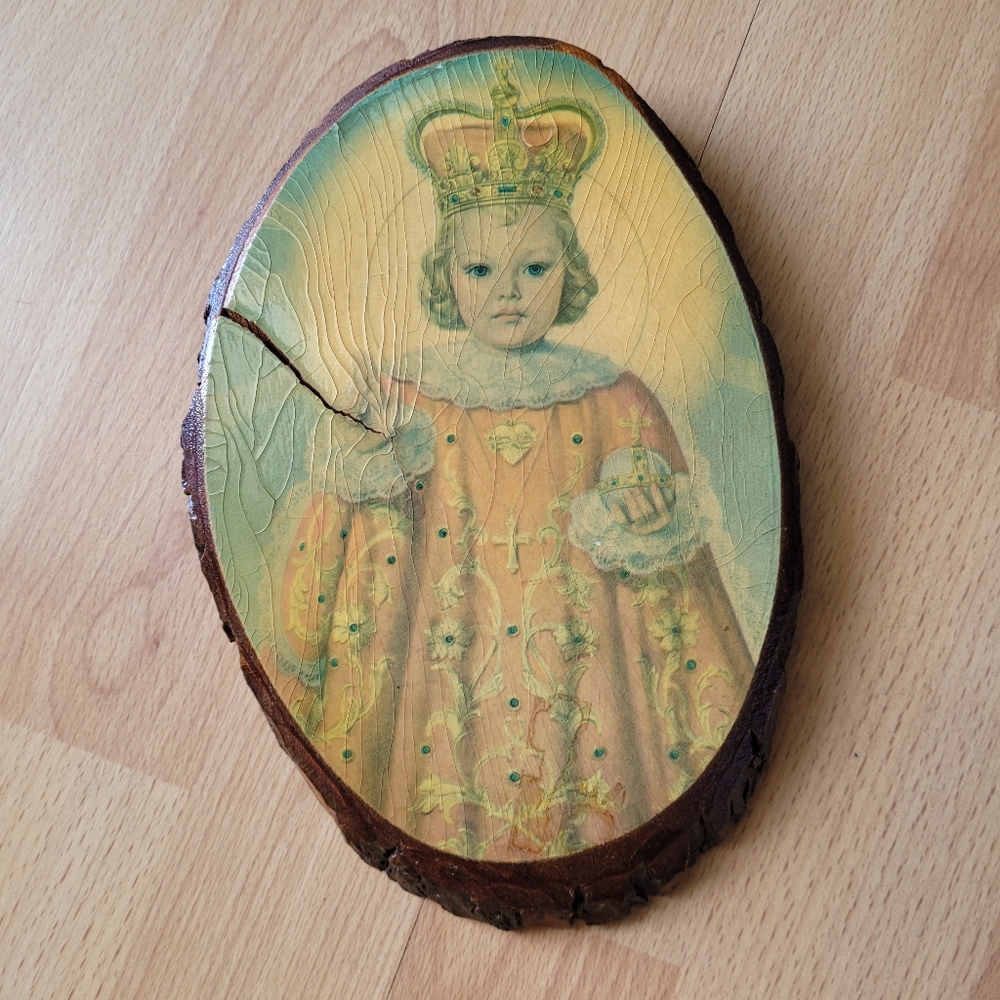 Vintage Religious Wooden Plaque with Child Jesus Image 1960 Decopage